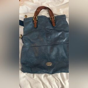 Fossil Blue Leather Zipper Pockets Foldable Crossbody Bag